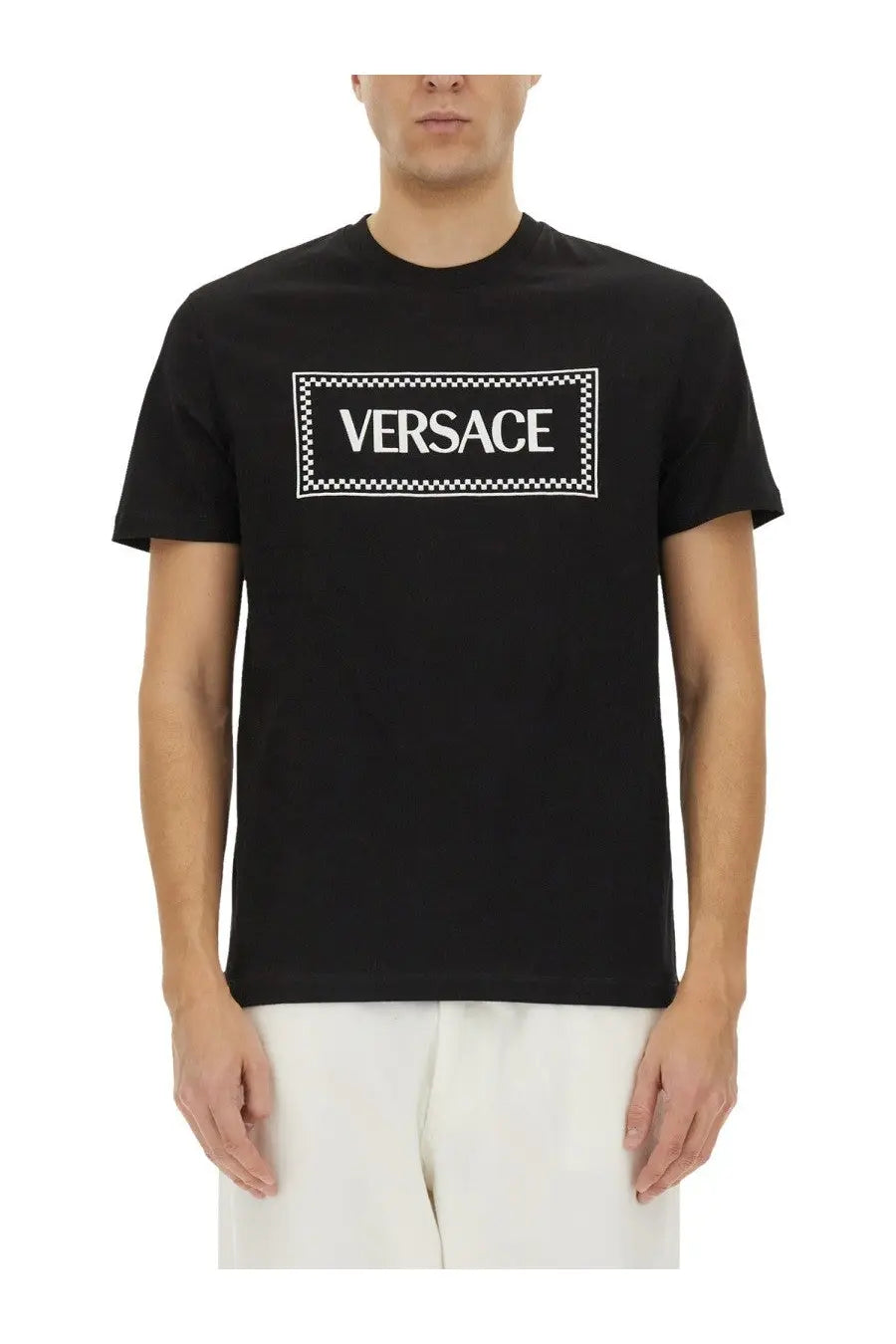 Black cotton Versace men’s t-shirt with bold white logo inside checkered rectangular frame