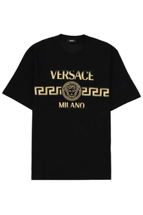 Versace men’s black t-shirt with bold gold logo featuring the Medusa head and Greek key pattern