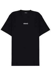 Versace men’s black t-shirt with white embroidered logo on chest and small label at neckline in cotton material