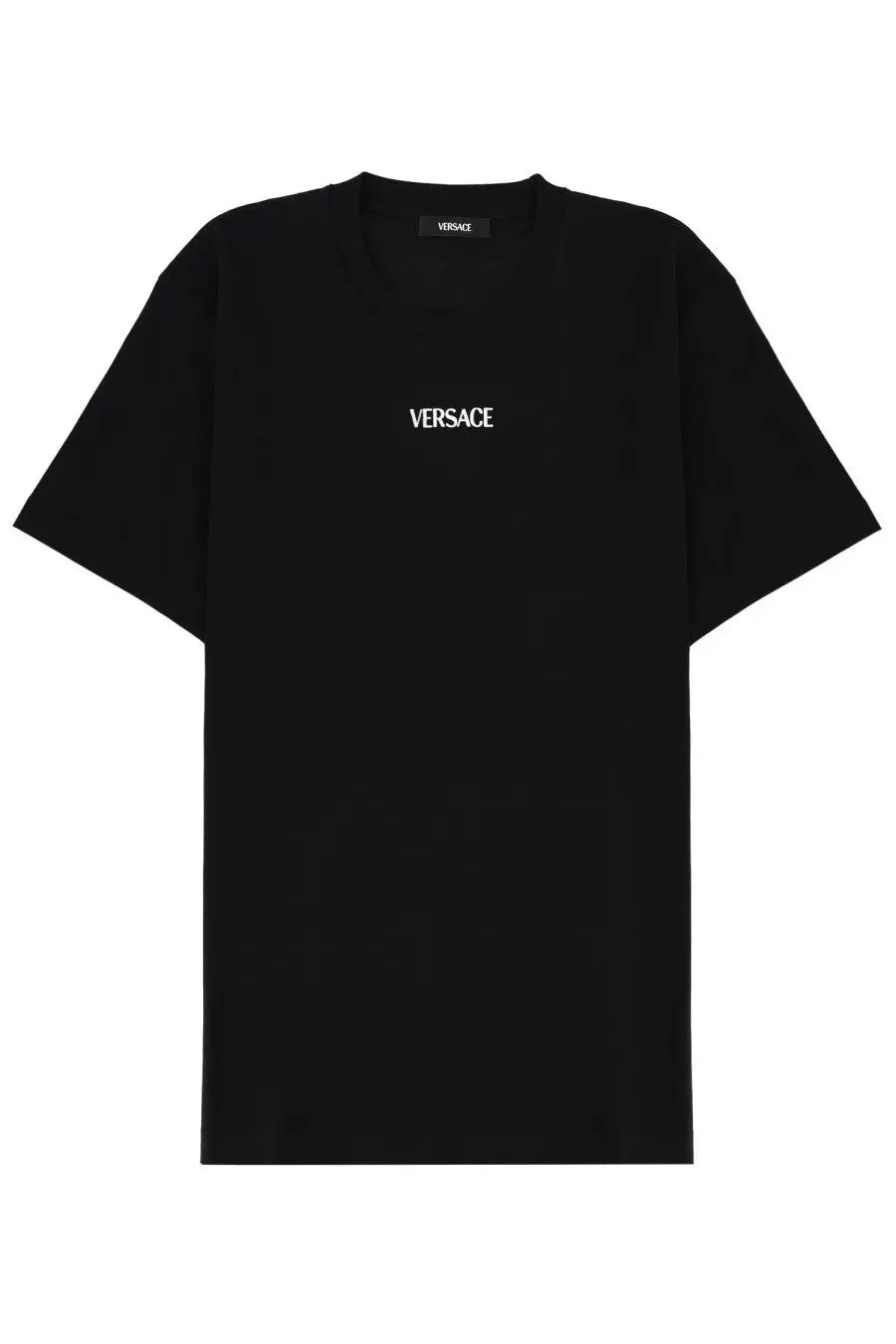 Versace men’s black t-shirt with white embroidered logo on chest and small label at neckline