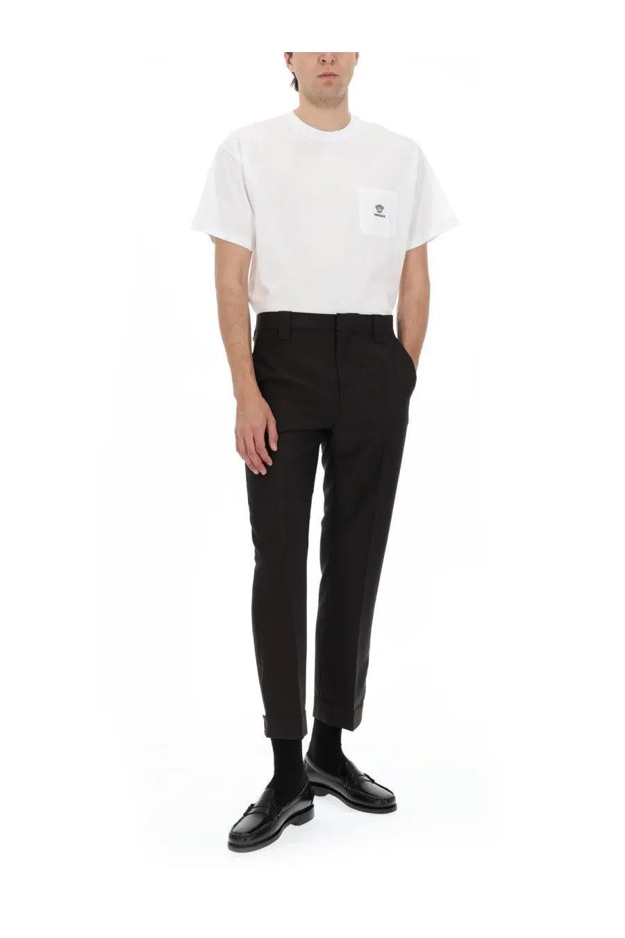 Versace men’s white short-sleeved cotton shirt with a small embroidered logo on the left chest pocket