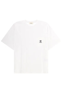 Versace men’s white cotton t-shirt with small black logo on the left chest for casual wear