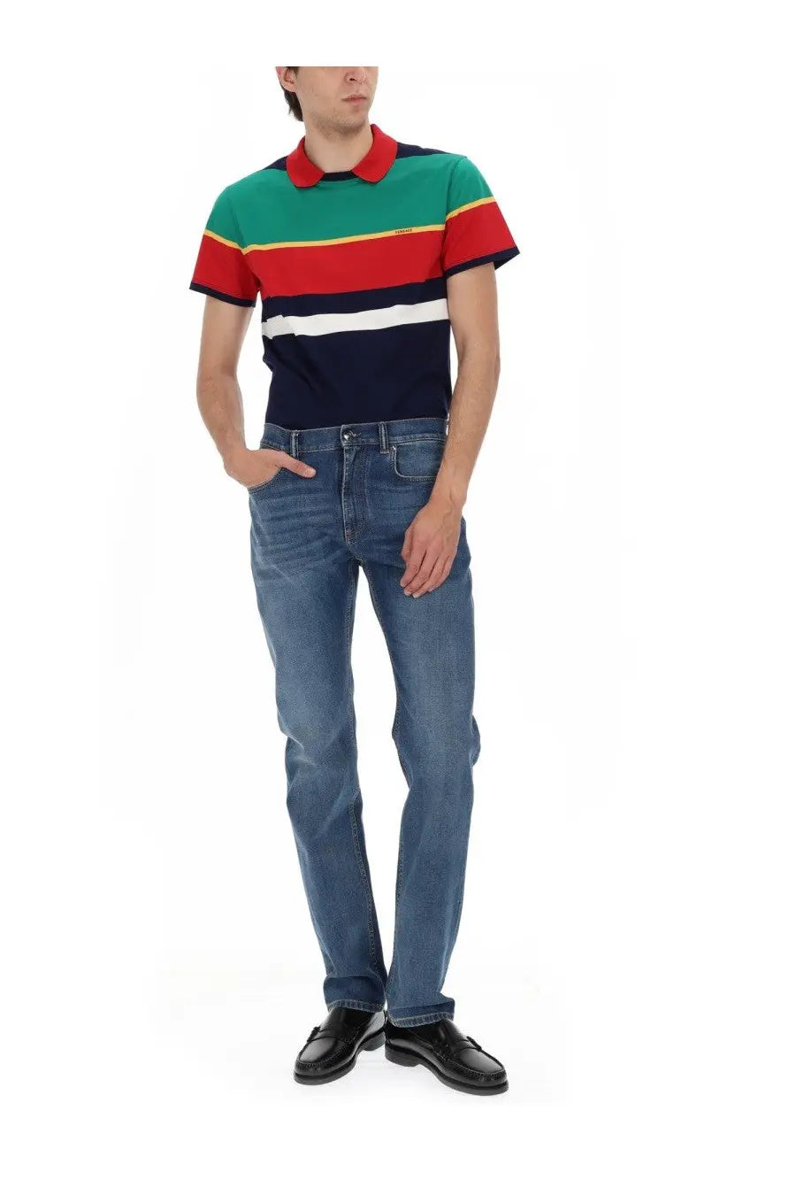 A man wearing a versace men’s jersey shirt with bold green red white and navy blue horizontal stripes