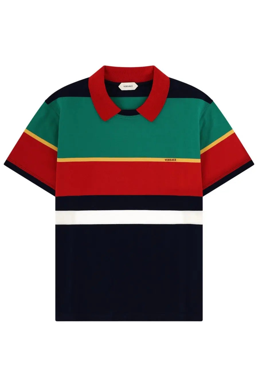 Versace men’s short-sleeved polo shirt in jersey with bold red green navy blue and white horizontal stripes