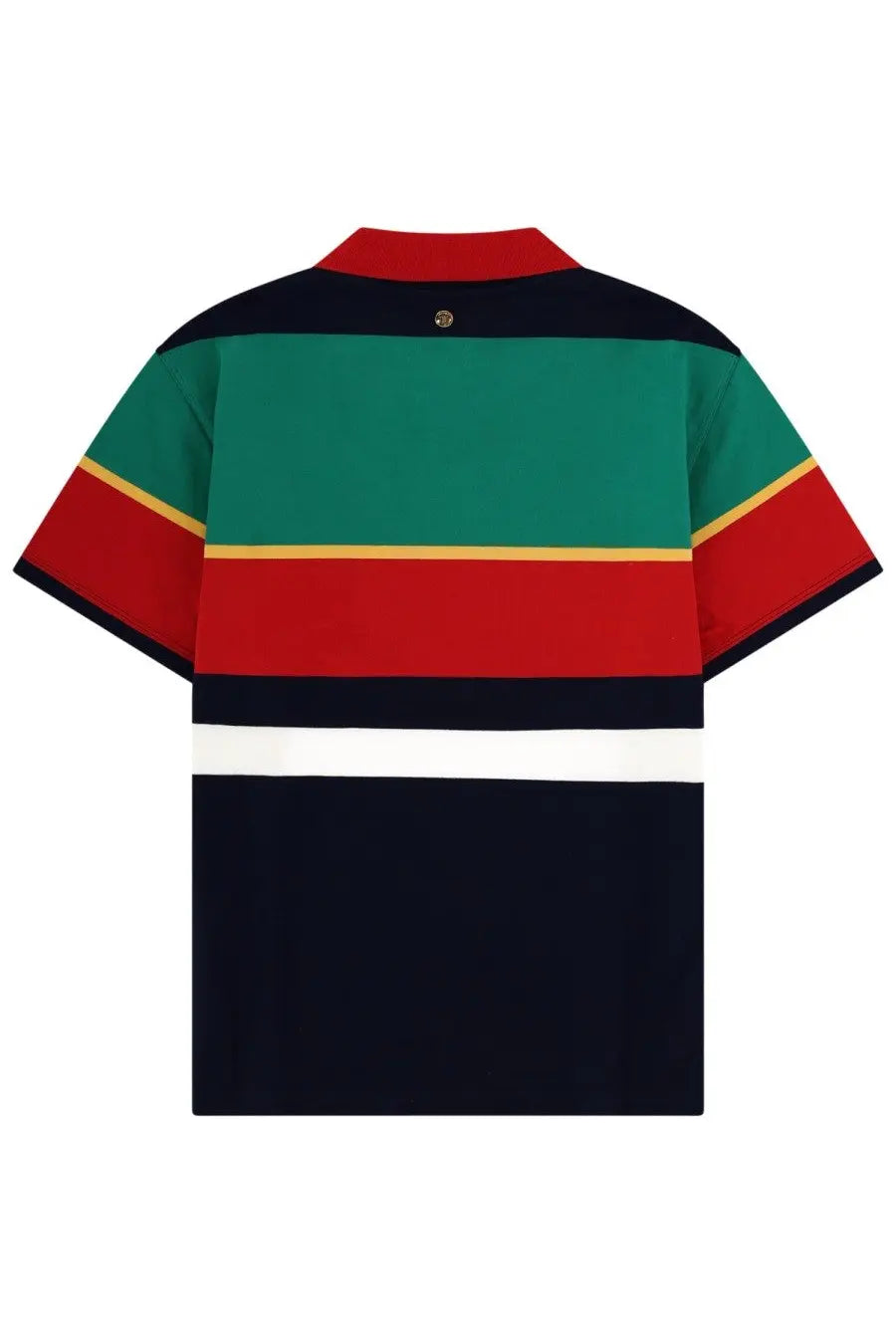 Versace men’s jersey polo shirt with bold green red navy white stripes and yellow trim on short sleeves