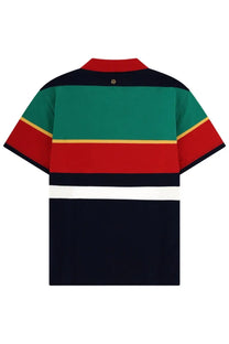 Versace men’s jersey polo shirt with bold green red navy white stripes and yellow trim on short sleeves