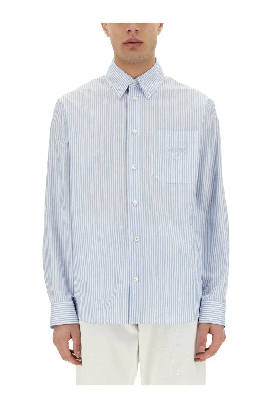 Versace men’s striped shirt blue with light blue and white vertical stripes and subtle chest pocket embroidered logo