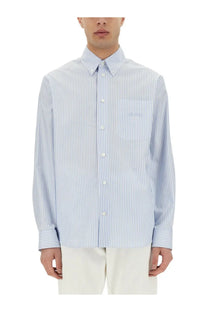 Versace men’s striped shirt blue with light blue and white vertical stripes and subtle chest pocket embroidered logo