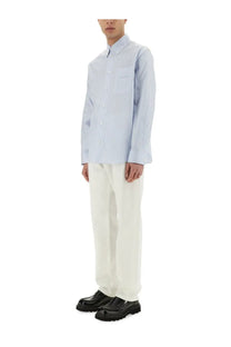 Versace men’s light blue and white striped long-sleeved button-up shirt with classic collar for stylish wear