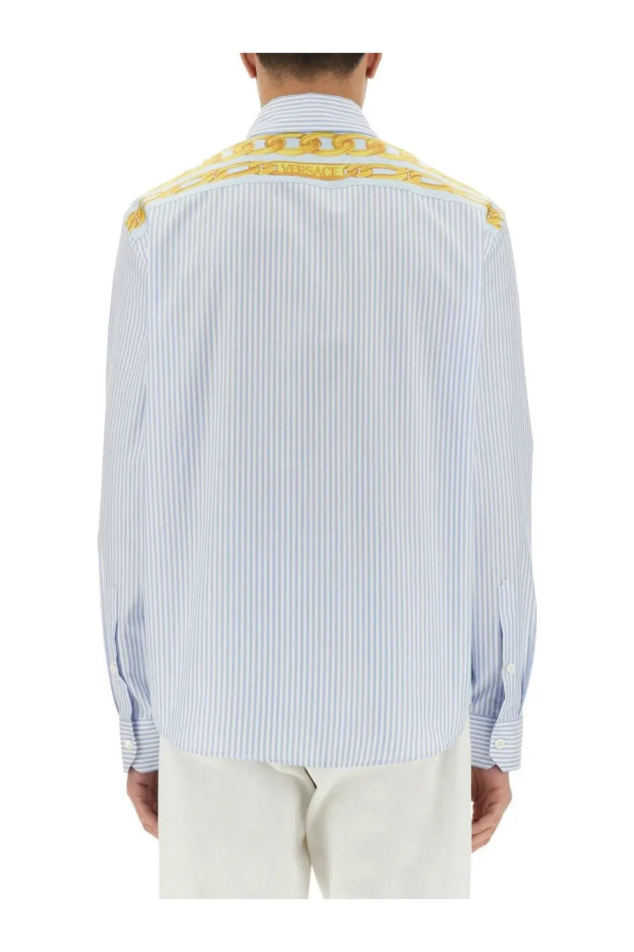 Versace men’s striped shirt blue light blue and white long-sleeved with gold chain-patterned collar detail