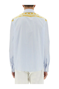 Versace men’s striped shirt blue light blue and white long-sleeved with gold chain-patterned collar detail