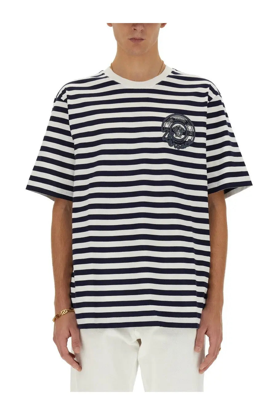 Versace men’s navy and white striped short-sleeved shirt with embroidered logo patch on left chest