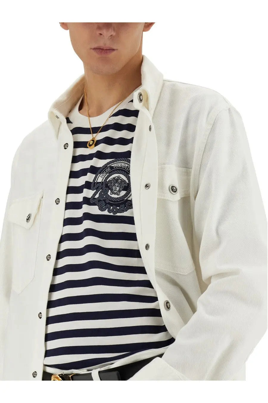 Versace men’s white corduroy button-up shirt with silver buttons and chest pocket in striped multicolor design