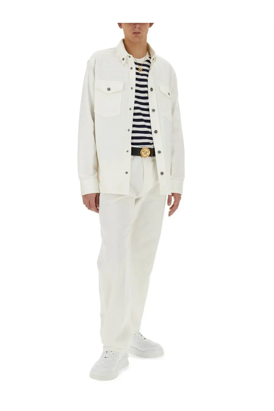 Versace men’s striped shirt multicolor shown under white cotton canvas jacket with buttoned chest pockets