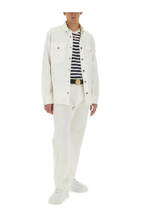 Versace men’s striped shirt multicolor shown under white cotton canvas jacket with buttoned chest pockets