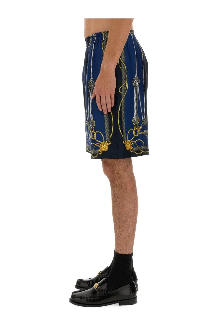 Versace men’s twill bermuda shorts in blue with bold gold and gray rope pattern and ornate metal clasps