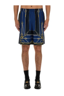 Versace men’s multicolor twill bermuda shorts in blue with gold white nautical rope chain pattern and elastic waistband