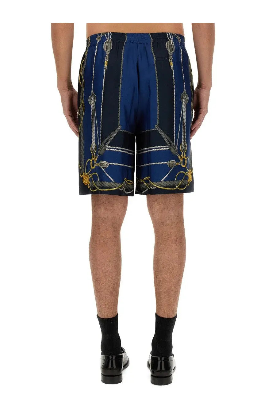 Versace men’s twill bermuda shorts in navy blue with bold gold and white rope chain pattern and hardware details