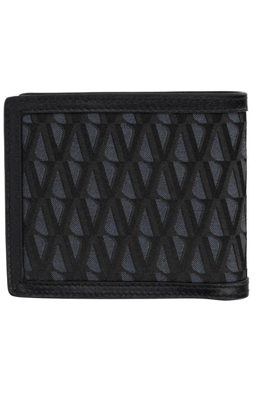 Versace men’s black bi-fold wallet with repeating gray and black geometric pattern and textured leather edges