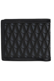 Versace men’s black bi-fold wallet with repeating gray and black geometric pattern and textured leather edges
