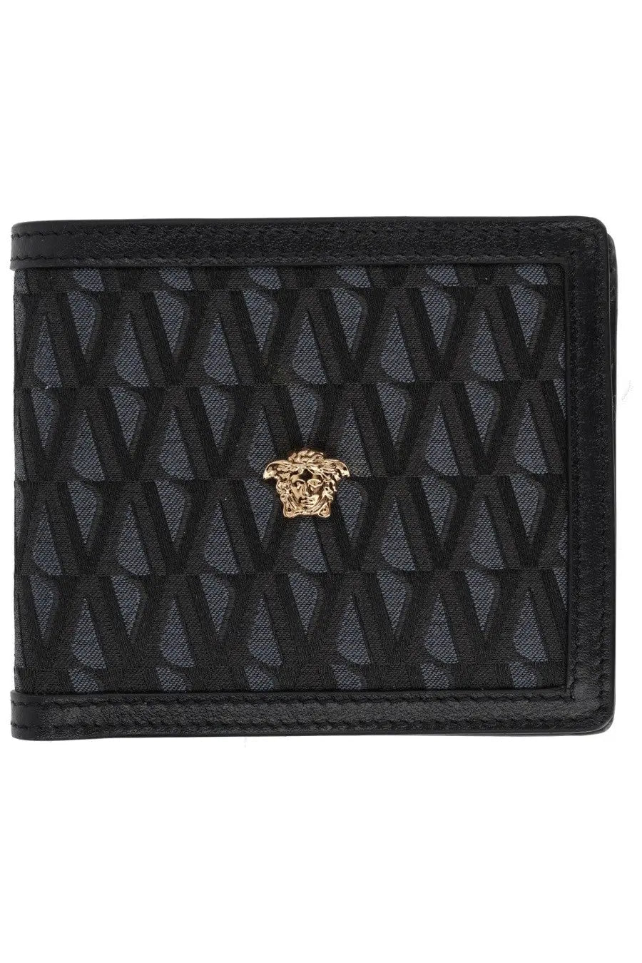 Versace men’s wallet black featuring a repeating geometric pattern and gold-tone medusa head emblem
