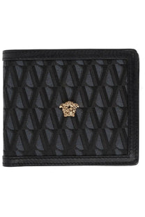 Versace men’s wallet black featuring a repeating geometric pattern and gold-tone medusa head emblem