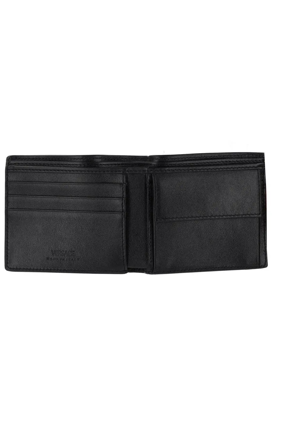 Versace men’s black leather bi-fold wallet with multiple card slots and a central compartment for organization