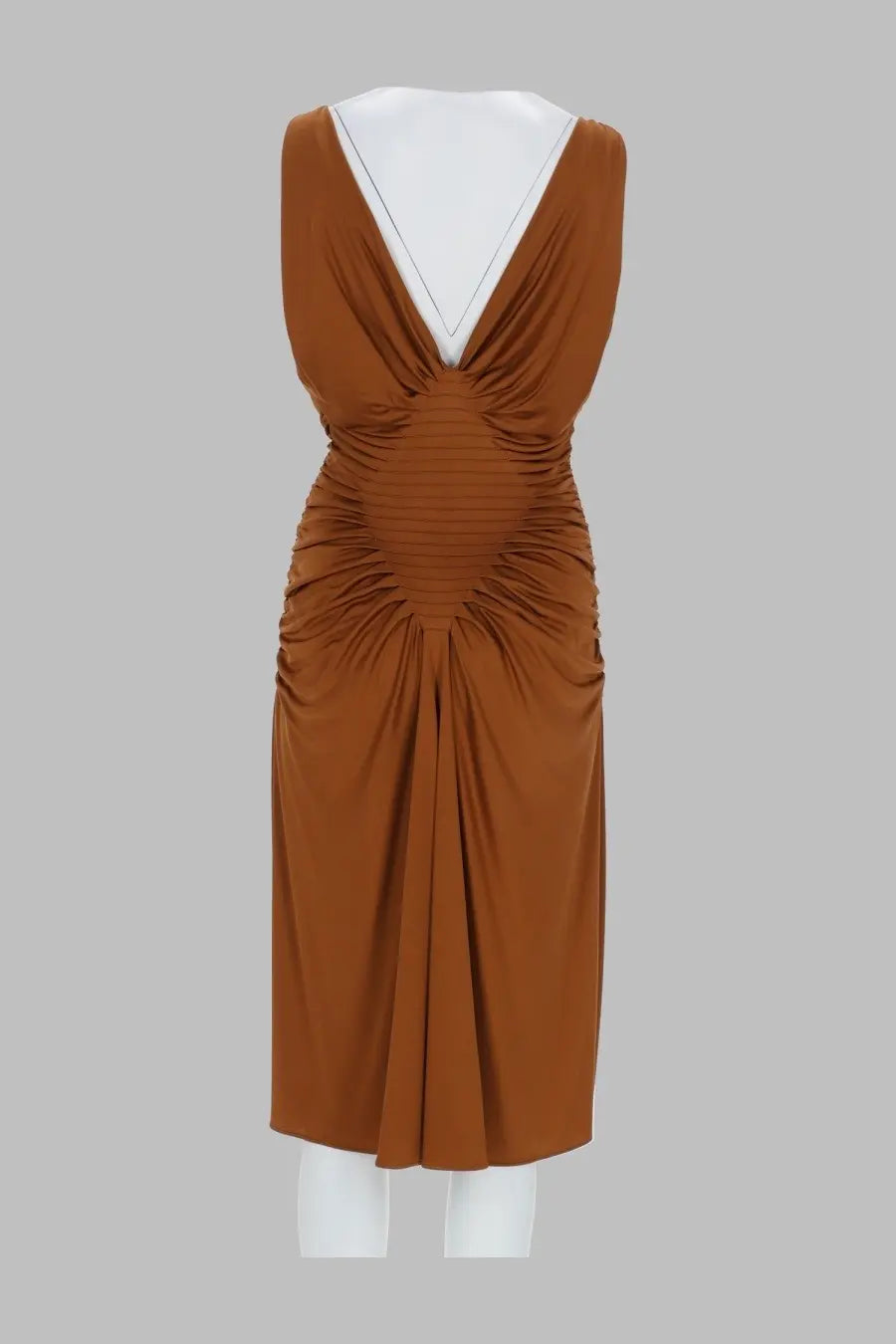 Versace women’s abito midi sleeveless brown viscose jersey dress with deep v-neckline and ruched bodice detailing