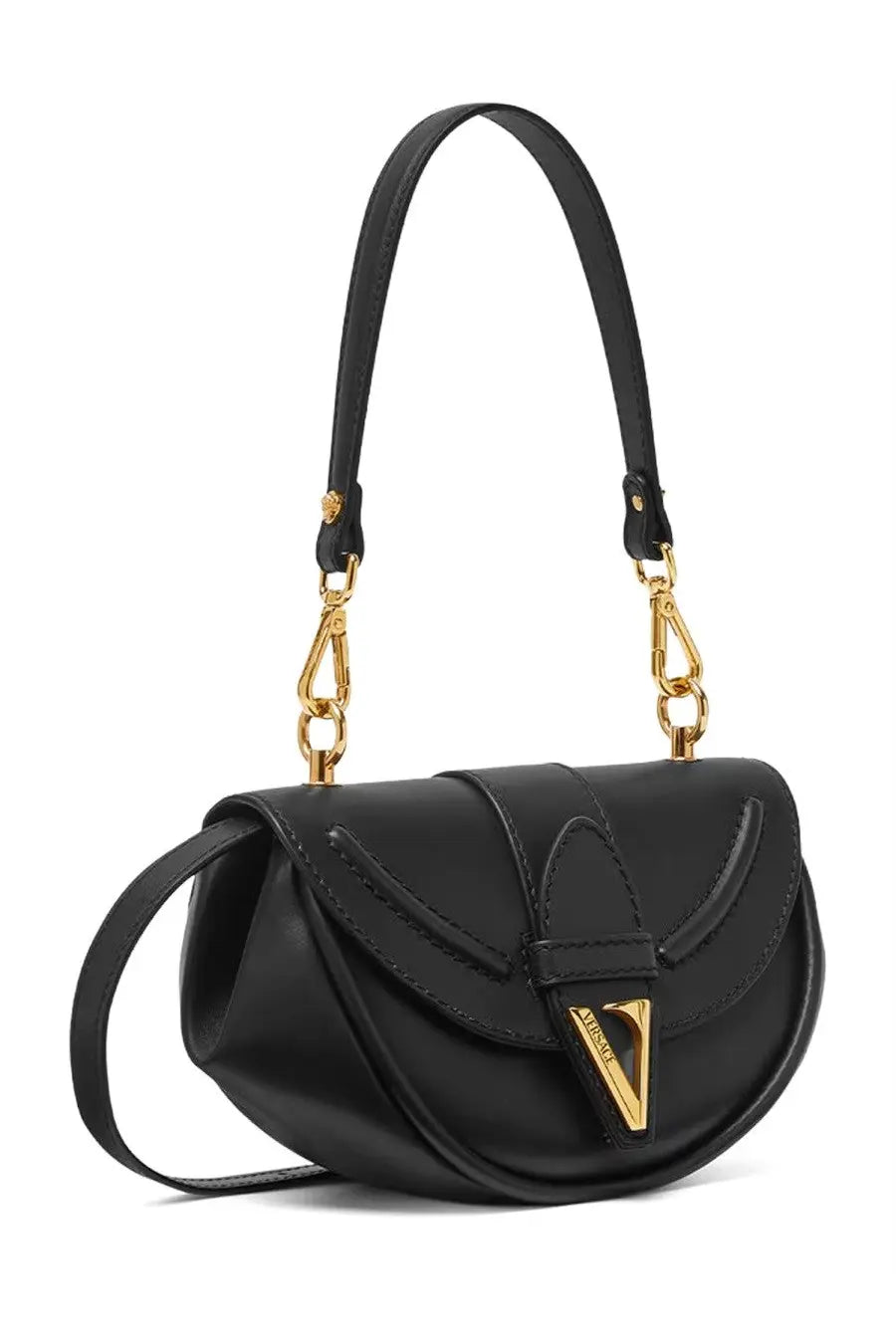 Versace women’s bag virtus black leather handbag with gold-tone hardware and a distinctive triangular logo