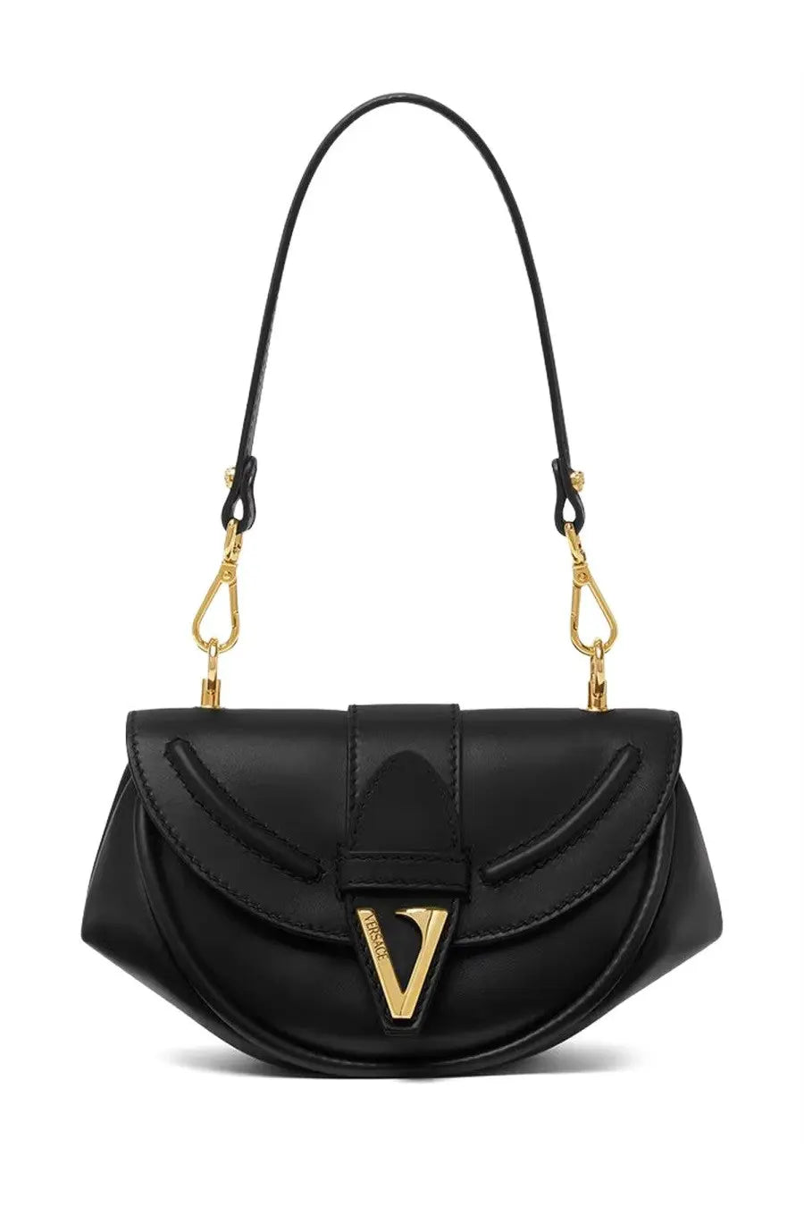 Versace women’s black leather handbag with gold-tone hardware and prominent v-shaped logo on the front