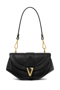 Versace women’s black leather handbag with gold-tone hardware and prominent v-shaped logo on the front