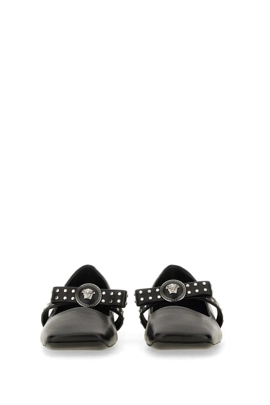 Versace women’s ballerina black leather flat shoes with silver medusa head buckle and white studs