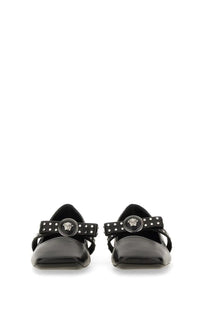 Versace women’s ballerina black leather flat shoes with silver medusa head buckle and white studs