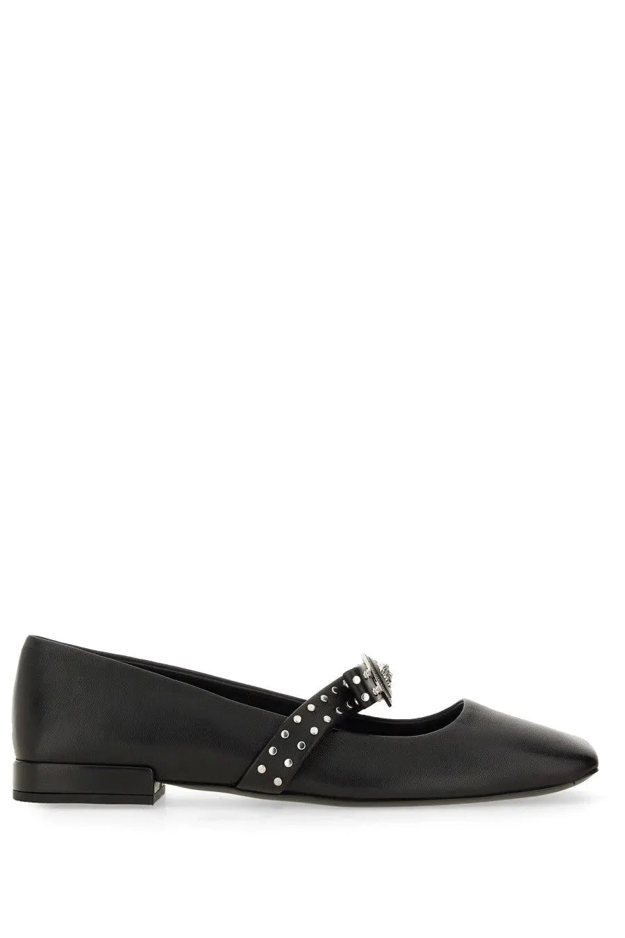 Versace women’s ballerina Gianni ribbon black leather mary jane flat shoe with silver studs and decorative buckle