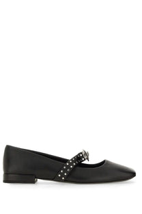 Versace women’s ballerina Gianni ribbon black leather mary jane flat shoe with silver studs and decorative buckle