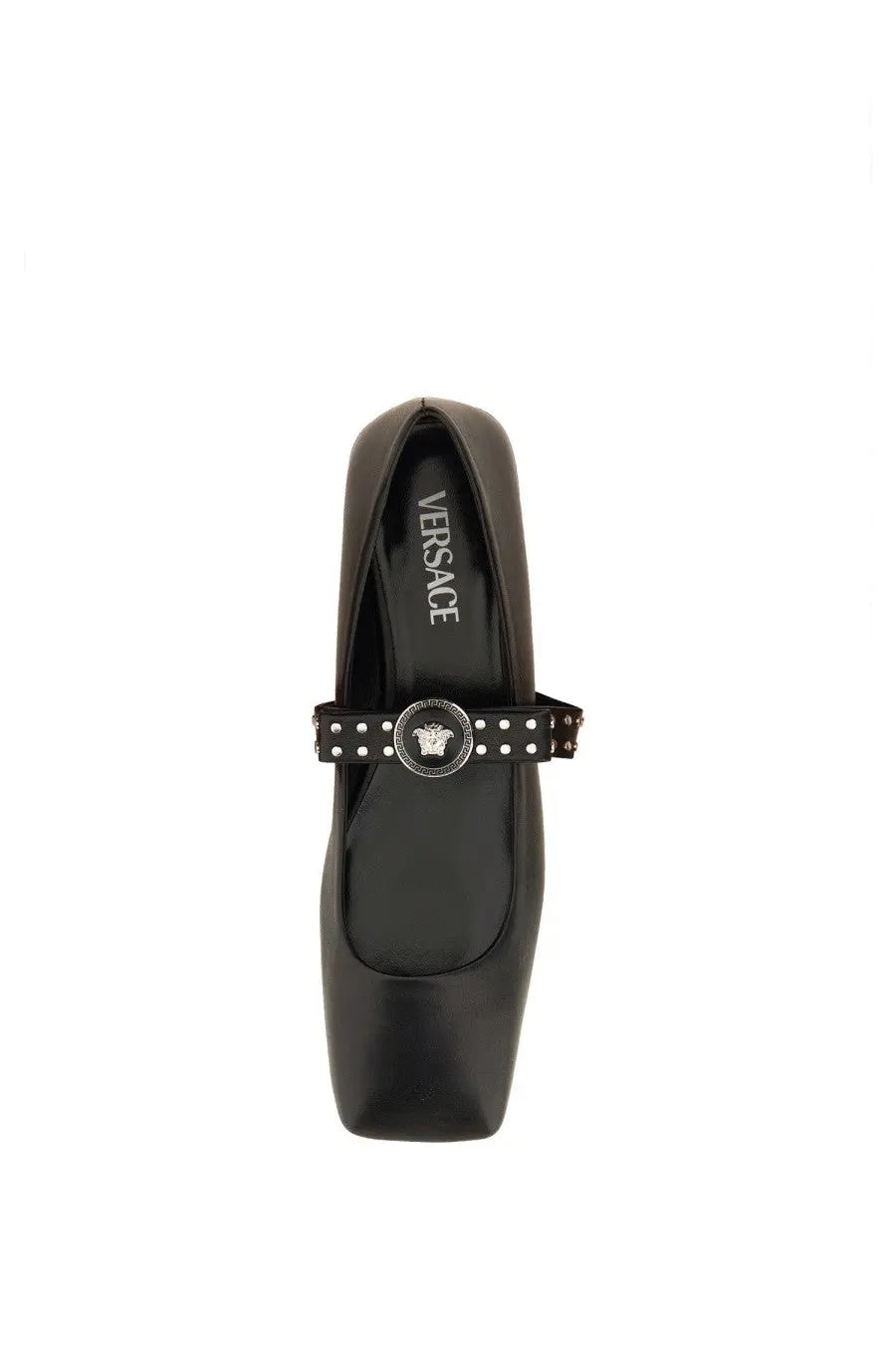Versace women’s ballerina gianni ribbon black leather mary jane flat shoe with silver medusa head buckle and studded strap