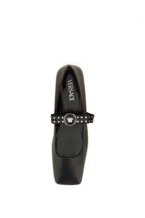 Versace women’s ballerina gianni ribbon black leather mary jane flat shoe with silver medusa head buckle and studded strap