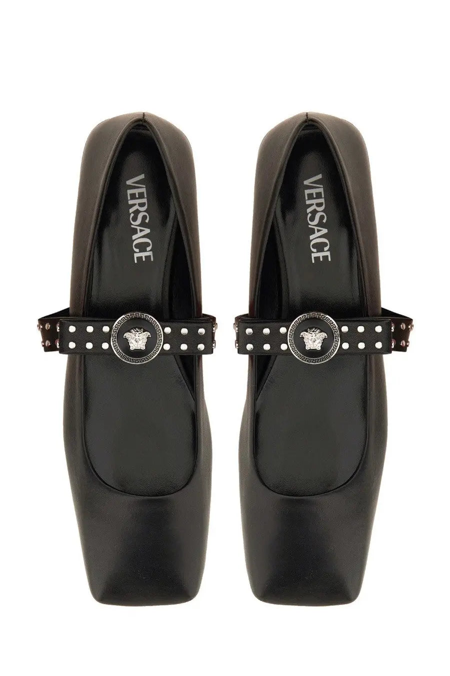Versace women’s ballerina gianni ribbon black leather mary jane flats with silver medusa head buckle and studded strap