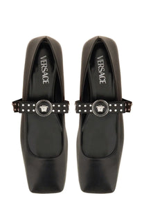 Versace women’s ballerina gianni ribbon black leather mary jane flats with silver medusa head buckle and studded strap