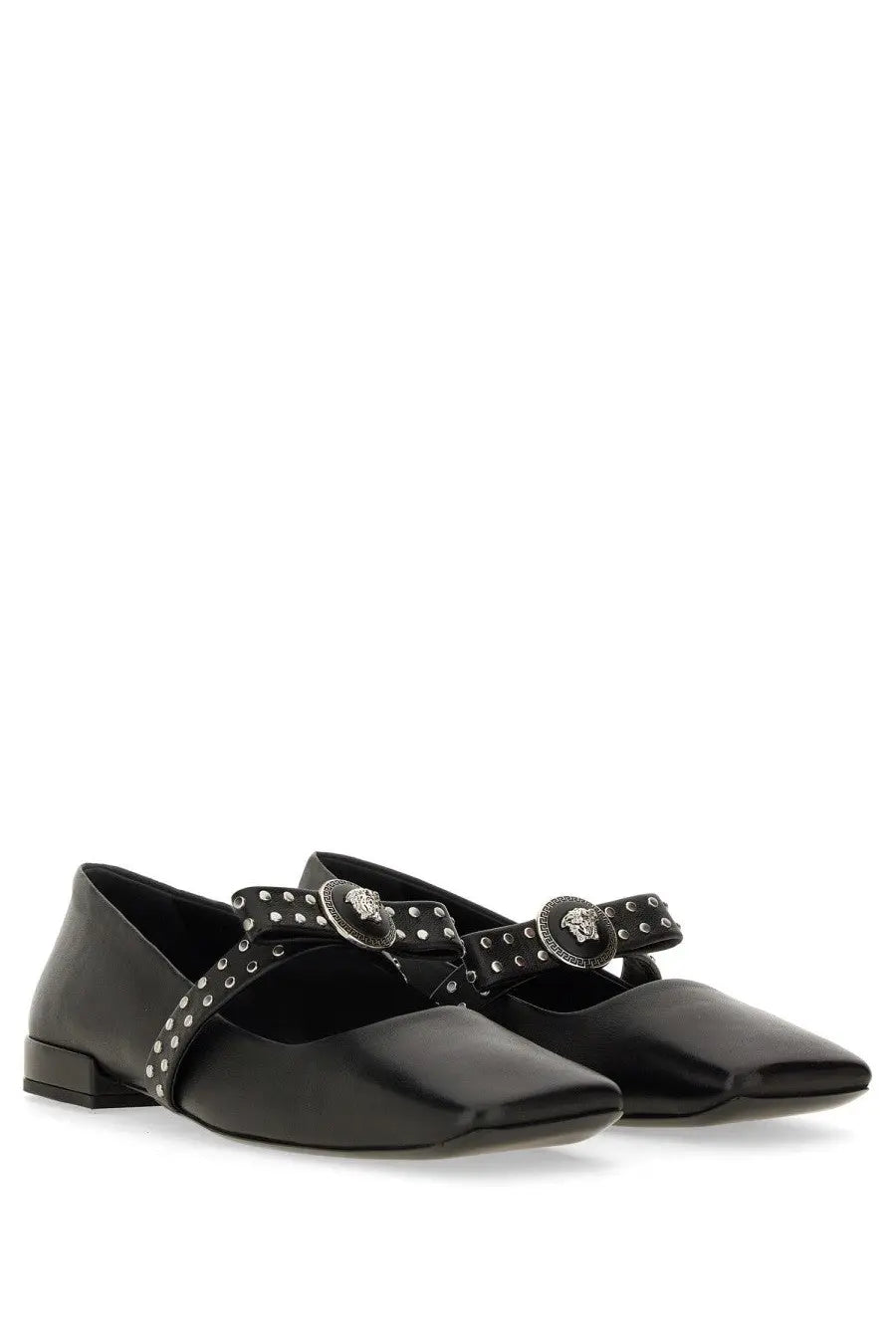 Versace women’s ballerina gianni ribbon black leather mary jane flats with silver medusa head buckles and stud detailing