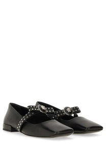Versace women’s ballerina gianni ribbon black leather mary jane flats with silver medusa head buckles and stud detailing