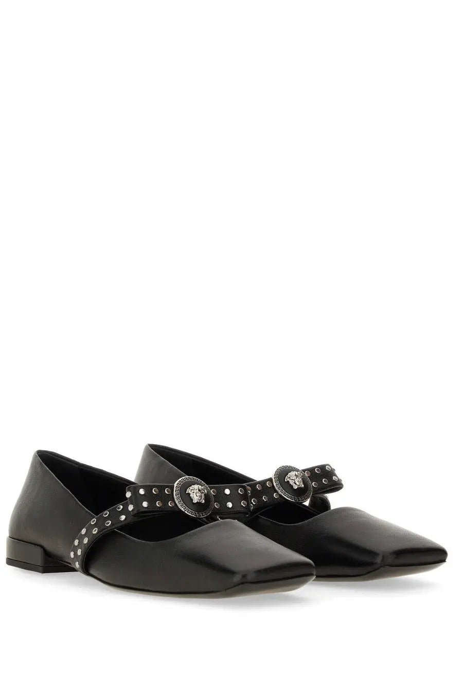 Versace women’s ballerina gianni ribbon black leather mary jane flats with silver medusa head buckles and studs