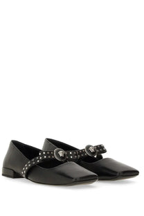 Versace women’s ballerina gianni ribbon black leather mary jane flats with silver medusa head buckles and studs