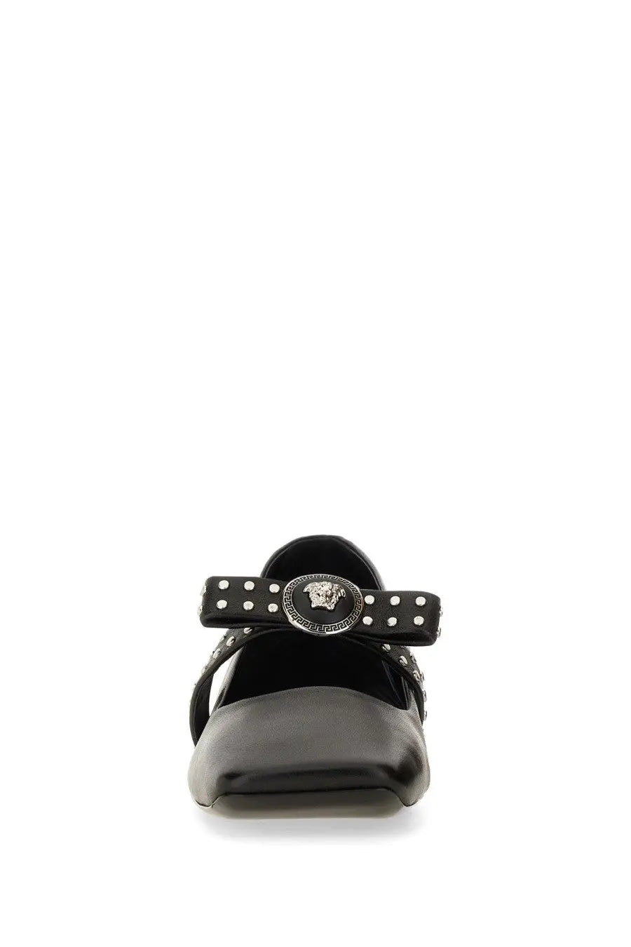 Versace women’s black leather mary jane ballerina shoe with polka dot strap and silver medusa head buckle
