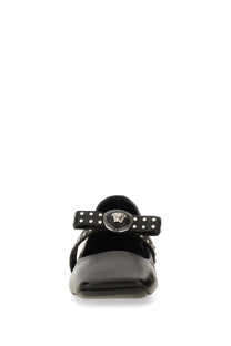 Versace women’s black leather mary jane ballerina shoe with polka dot strap and silver medusa head buckle