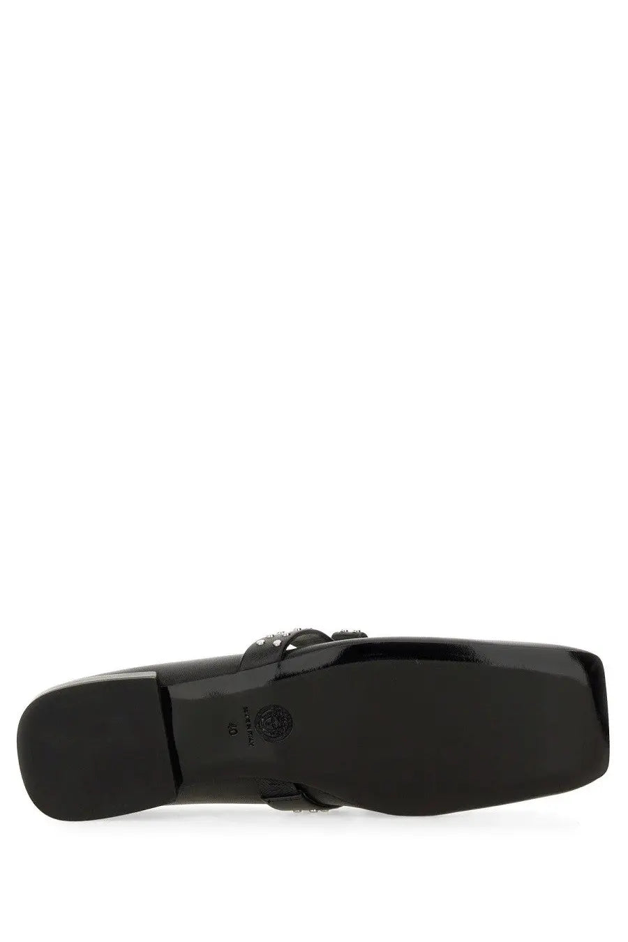 Versace women’s ballerina gianni ribbon black patent leather loafers with square heel and decorative strap detail