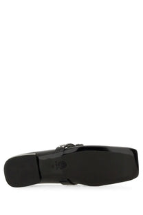 Versace women’s ballerina gianni ribbon black patent leather loafers with square heel and decorative strap detail