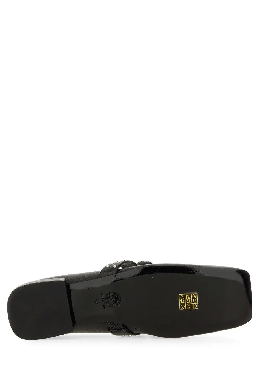 Versace women’s ballerina gianni ribbon black patent leather square toe loafer with glossy finish and gold heel branding