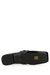 Versace women’s ballerina gianni ribbon black patent leather square toe loafer with glossy finish and gold heel branding