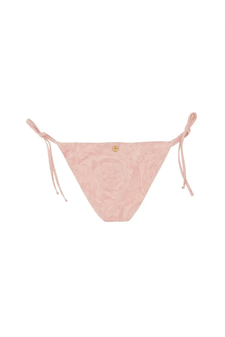 Versace women’s blue baroque print bikini bottom with delicate pink lace tied side strings and gold toned button